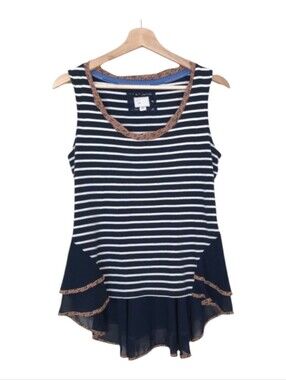 Postmark Anthropologie Navy Blue Stripes Sleeveless Top | Sheer Trim - Size S